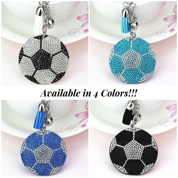 Black & Silver Rhinestone Soccer Ball Charm & Tassel Keychain - Picture 6 of 6